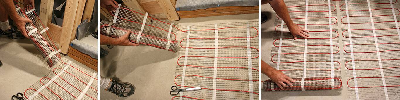 Cutting the floor heating mat backing to make turns